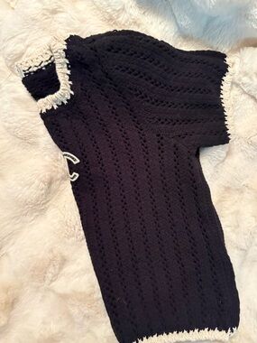 Designer style Black Knit Sweater Top with Cream Trim